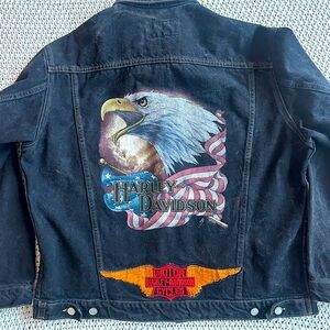Vintage Harley Davidson 3D Emblem Black Acid Denim Jean Jacket Freedom Eagle L